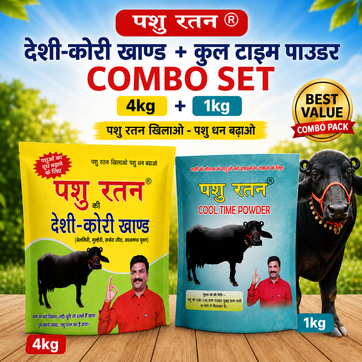 Home pashu ratan summer dairy power combo | 4kg desi kori khand + 1kg cool time powder for cows & buffaloes