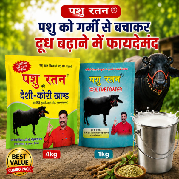 pashu ratan summer dairy power combo | 4kg desi kori khand + 1kg cool time powder for cows & buffaloes